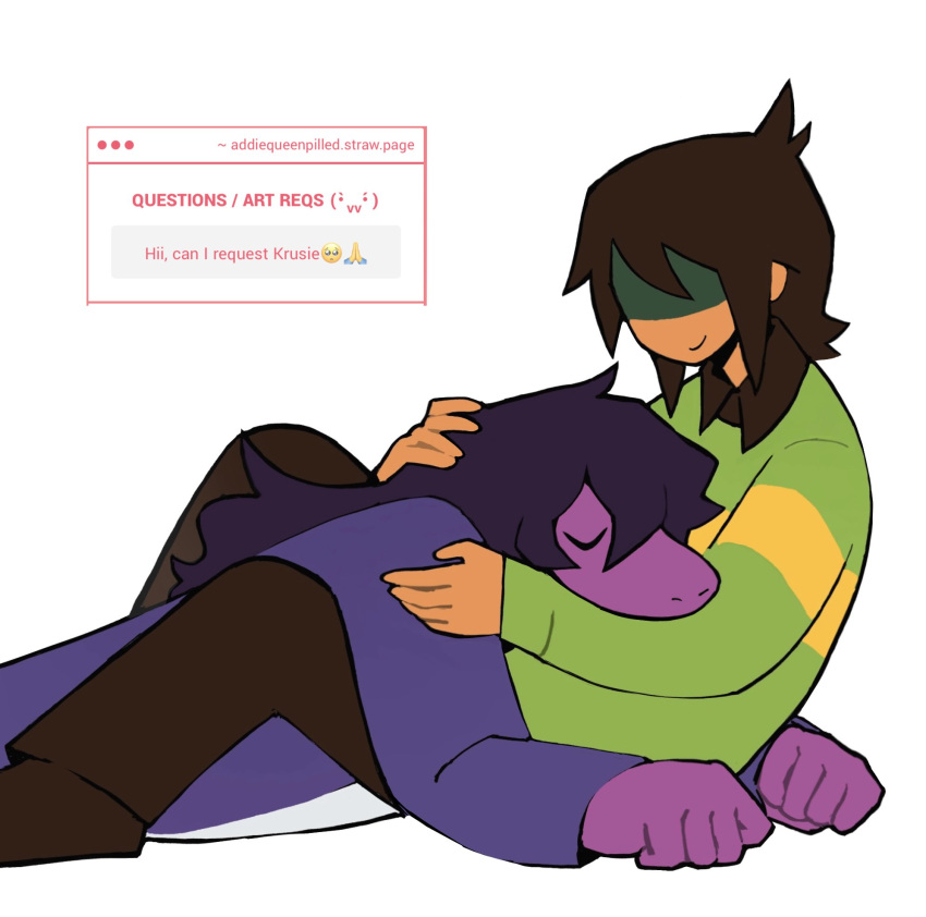 1girl, 1other, brown_hair, brown_pants, brown_shoes, clenched_hands, closed_eyes, closed_mouth, collared_sweater, colored_skin, covered_mouth, deltarune, english_text, green_sweater, hair_between_eyes, hand_on_another's_head, hand_on_another's_shoulder, highres, hug, jacket, kris_(deltarune), long_hair, long_sleeves, lying, monster_girl, no_eyes, on_stomach, other_with_female, pants, purple_hair, purple_jacket, purple_skin, queen_pilled, shaded_face, shoes, short_hair, simple_background, single_stripe, sitting, sleeping, smile, striped_clothes, striped_sweater, susie_(deltarune), sweater, tan, utdr_(toby_fox), white_background
