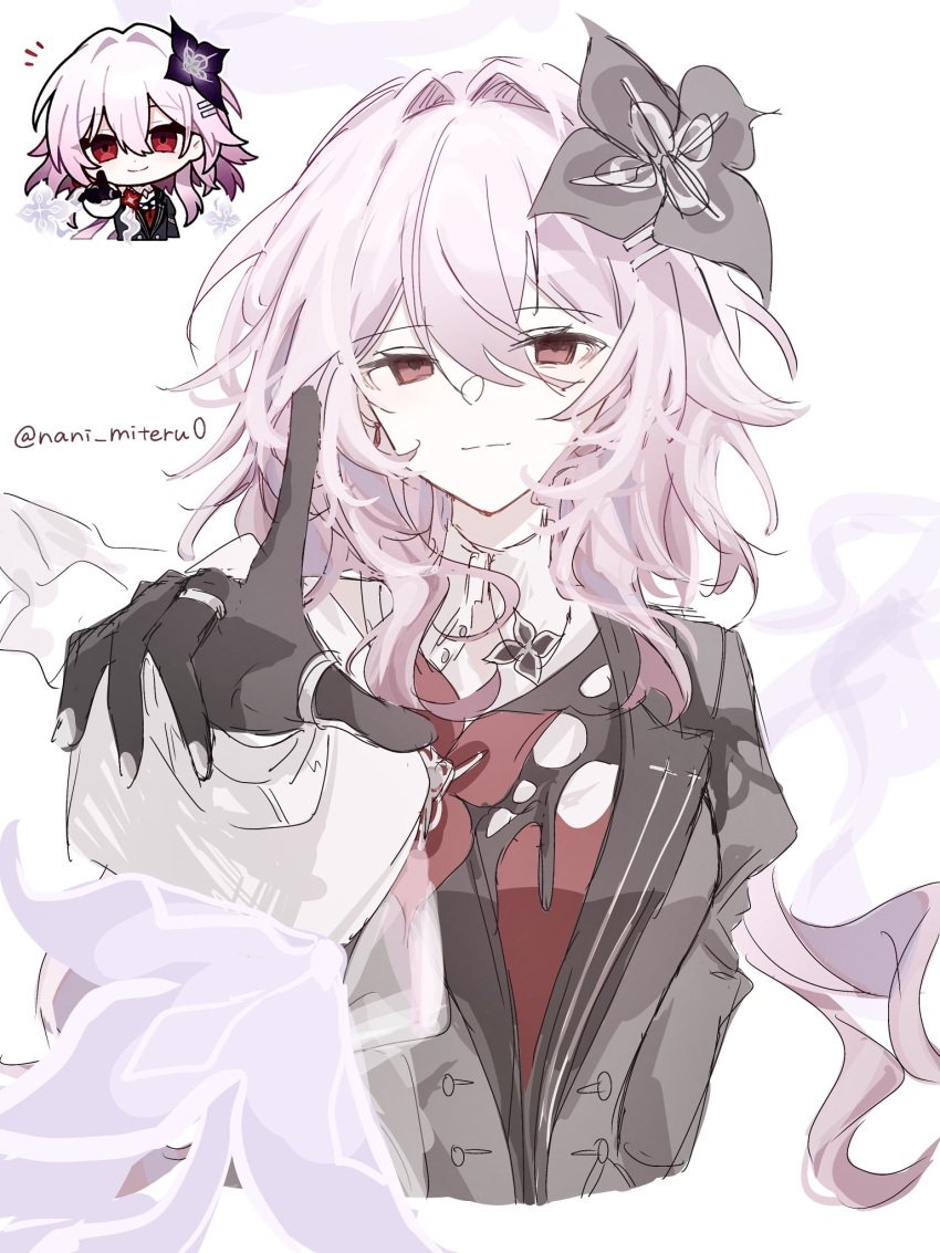1girl, black_dress, black_flower, black_gloves, dress, earrings, evernight_(honkai:_star_rail), flower, gloves, hair_between_eyes, hair_flower, hair_intakes, hair_ornament, hairclip, hashtag-only_commentary, highres, honkai:_star_rail, honkai_(series), jewelry, layered_dress, long_hair, long_sleeves, looking_at_viewer, low_twintails, march_7th_(honkai:_star_rail), multiple_rings, nani_miteru0, parallel_hairclips, pink_hair, red_eyes, reference_inset, ring, single_earring, smile, solo, twintails, twitter_username, upper_body, white_background, white_dress