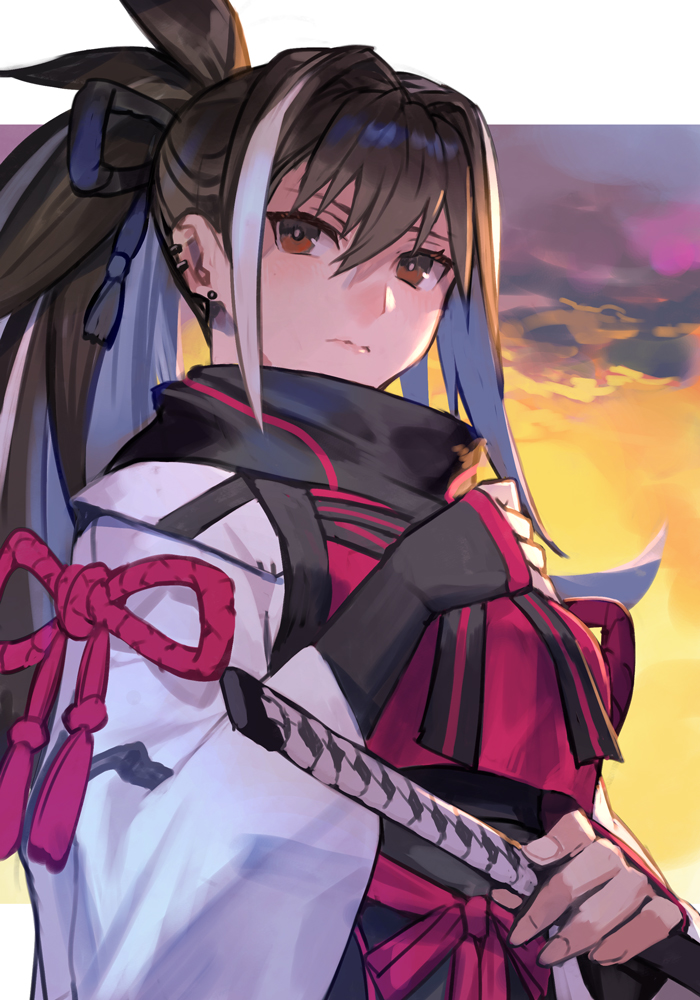1girl, black_hair, black_scarf, breasts, brown_eyes, cropped_shirt, fate/grand_order, fate_(series), gradient_sky, hankuri, katana, kawakami_gensai_(fate), long_hair, long_sleeves, looking_at_viewer, medium_breasts, multicolored_hair, orange_sky, ponytail, red_shirt, scarf, shirt, sidelocks, sky, solo, streaked_hair, sword, thighs, twilight, weapon, white_hair, white_sleeves, wide_sleeves
