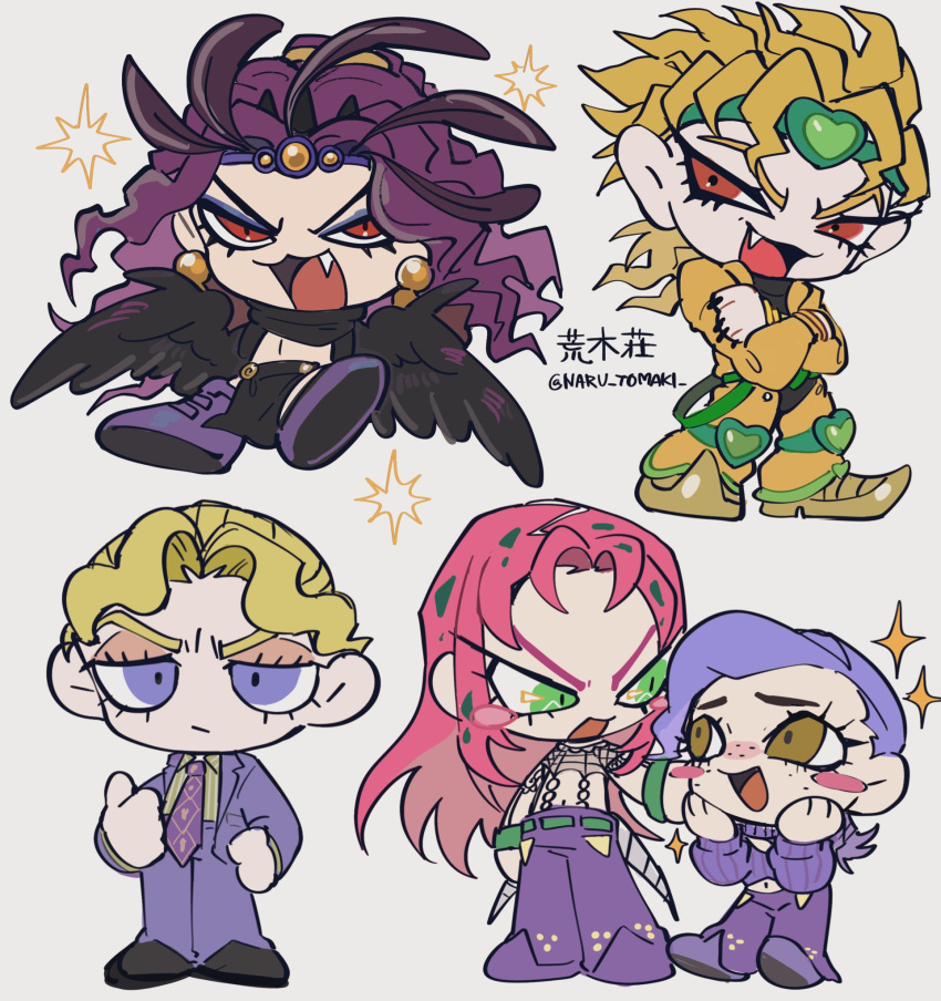 5boys, battle_tendency, belt, black_shirt, black_wings, blonde_hair, blue_eyes, brown_eyes, chibi, chibi_only, collared_shirt, commentary_request, crossed_arms, diamond_wa_kudakenai, diavolo, dio_brando, earrings, fang, feathered_wings, feathers, fishnet_top, fishnets, formal_clothes, freckles, green_belt, green_eyes, green_headband, green_shirt, hands_on_own_face, headband, heart_ornament, highres, jacket, jewelry, jojo_no_kimyou_na_bouken, kars_(jojo), kira_yoshikage, knee_pads, long_hair, makeup, male_focus, multiple_boys, naru_tomaki, navel, necktie, open_mouth, pants, pink_hair, pointy_shoes, purple_hair, purple_jacket, purple_necktie, purple_pants, purple_shoes, purple_sweater, red_eyes, shirt, shoes, short_hair, smile, sparkle, stardust_crusaders, suit, sweater, vento_aureo, vinegar_doppio, violet_eyes, white_background, wings, yellow_jacket, yellow_pants