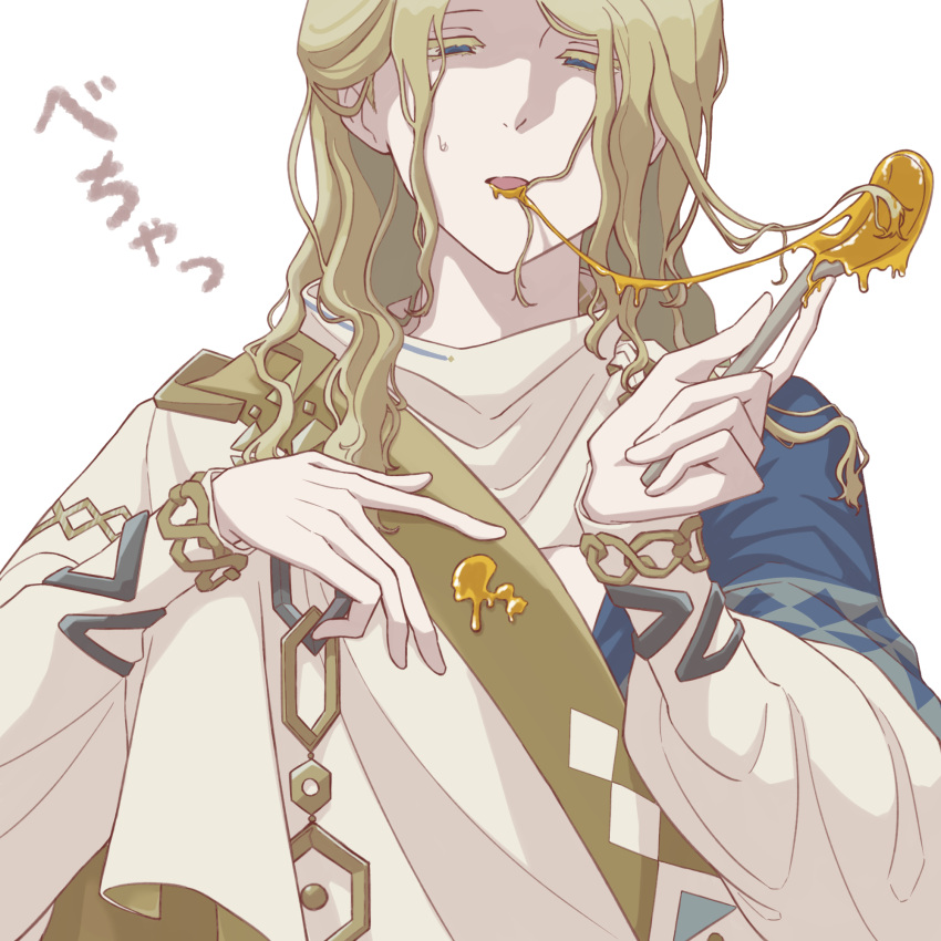 1boy, 6_(reverse:1999), ancient_greek_clothes, blonde_hair, blue_eyes, food_in_mouth, greco-roman_clothes, hands_up