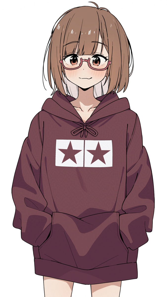 1girl, blush, brown-framed_eyewear, brown_eyes, brown_hair, brown_hoodie, closed_mouth, cowboy_shot