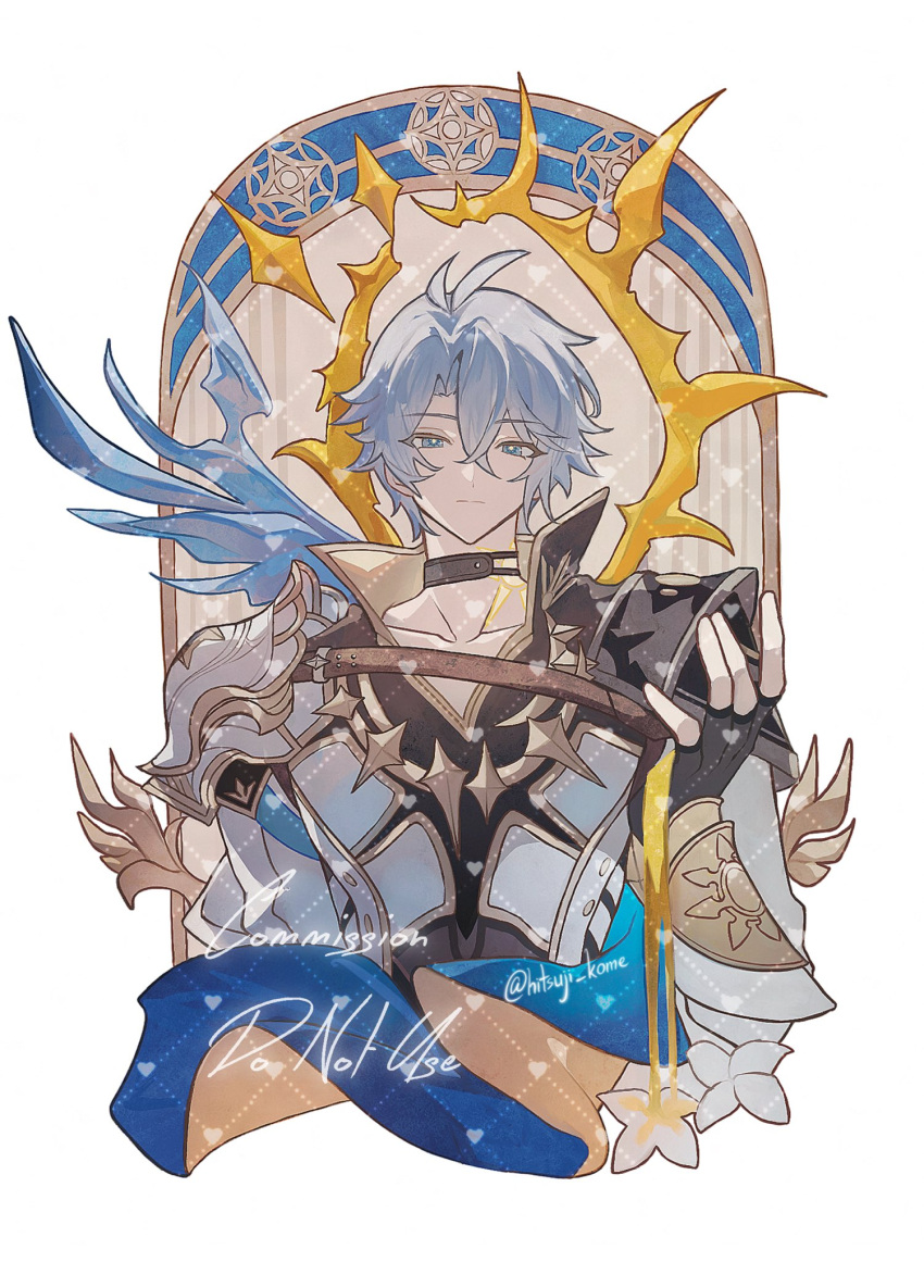 1boy, 329kome, antenna_hair, armor, artist_name, black_choker, black_shirt, blue_cape