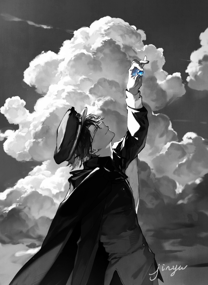 1boy, absurdres, black_hair, bungou_stray_dogs, cape, closed_eyes, clouds, cloudy_sky, edogawa_ranpo_(bungou_stray_dogs), greyscale, highres, holding, looking_at_object, marble_(toy), monochrome, school_uniform, shenmidexiaoxiaohao, shirt, sky, smile, spot_color, white_shirt