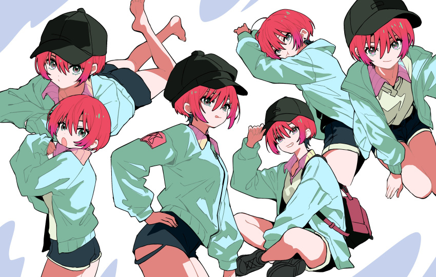 1girl, :q, absurdres, amate_yuzuriha, aqua_eyes, baseball_cap, breasts, closed_mouth