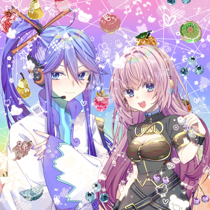 1boy, 1girl, belt, black_skirt, blue_eyes, blush, cleavage_cutout, closed_mouth