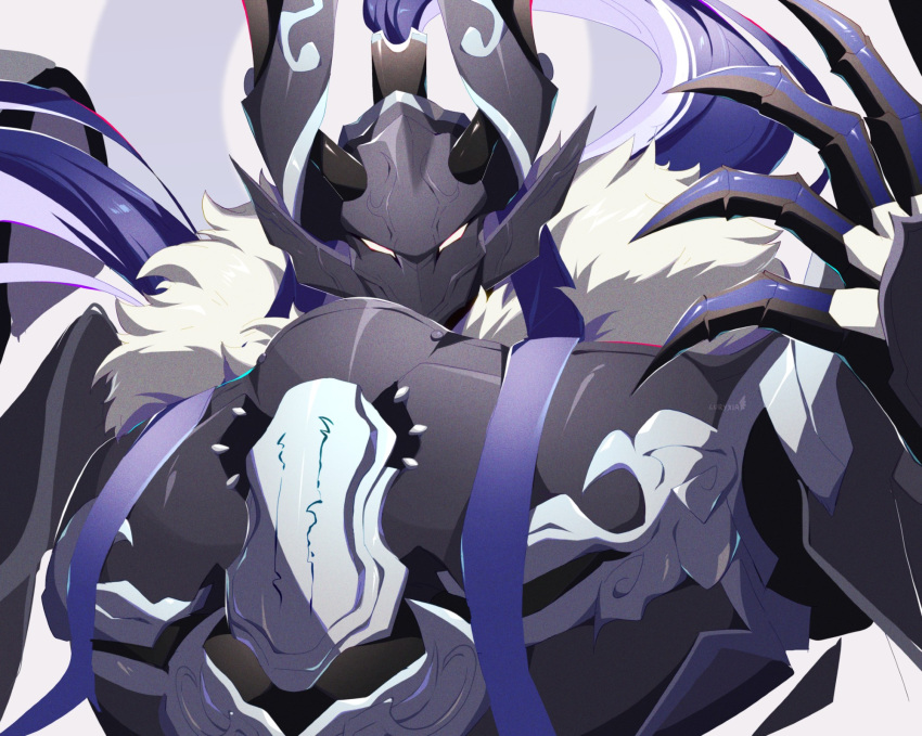 1boy, armor, claws, close-up, commentary, fate/grand_order, fate_(series), fur_trim, highres, looking_at_viewer, luryxia, minamoto_no_tametomo_(fate), minamoto_no_tametomo_(second_ascension)_(fate), muscular, muscular_male, symbol-only_commentary, upper_body