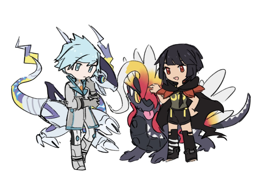 1boy, 1girl, :d, aqua_eyes, black_cape, black_hair, black_shorts, black_thighhighs, blue_hair, boots, cape, chibi, chibi_only, closed_mouth, coat, expressionless, gloves, grey_boots, grey_coat, grey_gloves, highres, koraidon, looking_down, miraidon, official_alternate_color, official_alternate_costume, open_mouth, pants, pokemon, pokemon_(creature), pokemon_masters_ex, red_eyes, shirt, short_hair, shorts, smile, standing, steven_stone, steven_stone_(sygna_suit), thigh-highs, xlii_idk, zinnia_(pokemon)