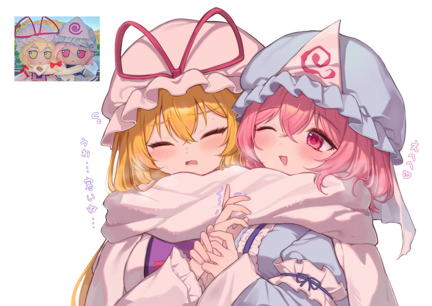 2girls, ;d, absurdres, arm_garter, blonde_hair, blue_hat, blue_kimono, blush