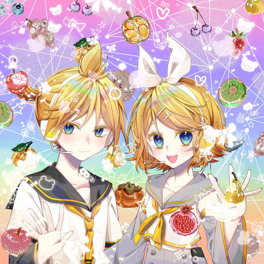 1boy, 1girl, black_sailor_collar, blonde_hair, blue_eyes, blush, bow, detached_sleeves, grey_sailor_collar, hair_bow, hair_ornament, hairclip, headset, highres, kagamine_len, kagamine_len_(vocaloid4), kagamine_rin, kagamine_rin_(vocaloid4), looking_at_viewer, loose_necktie, necktie, nounonovember, open_mouth, ponytail, sailor_collar, shirt, short_hair, short_ponytail, short_sleeves, smile, teeth, upper_teeth_only, v4x, vocaloid, waving, white_shirt, yellow_necktie