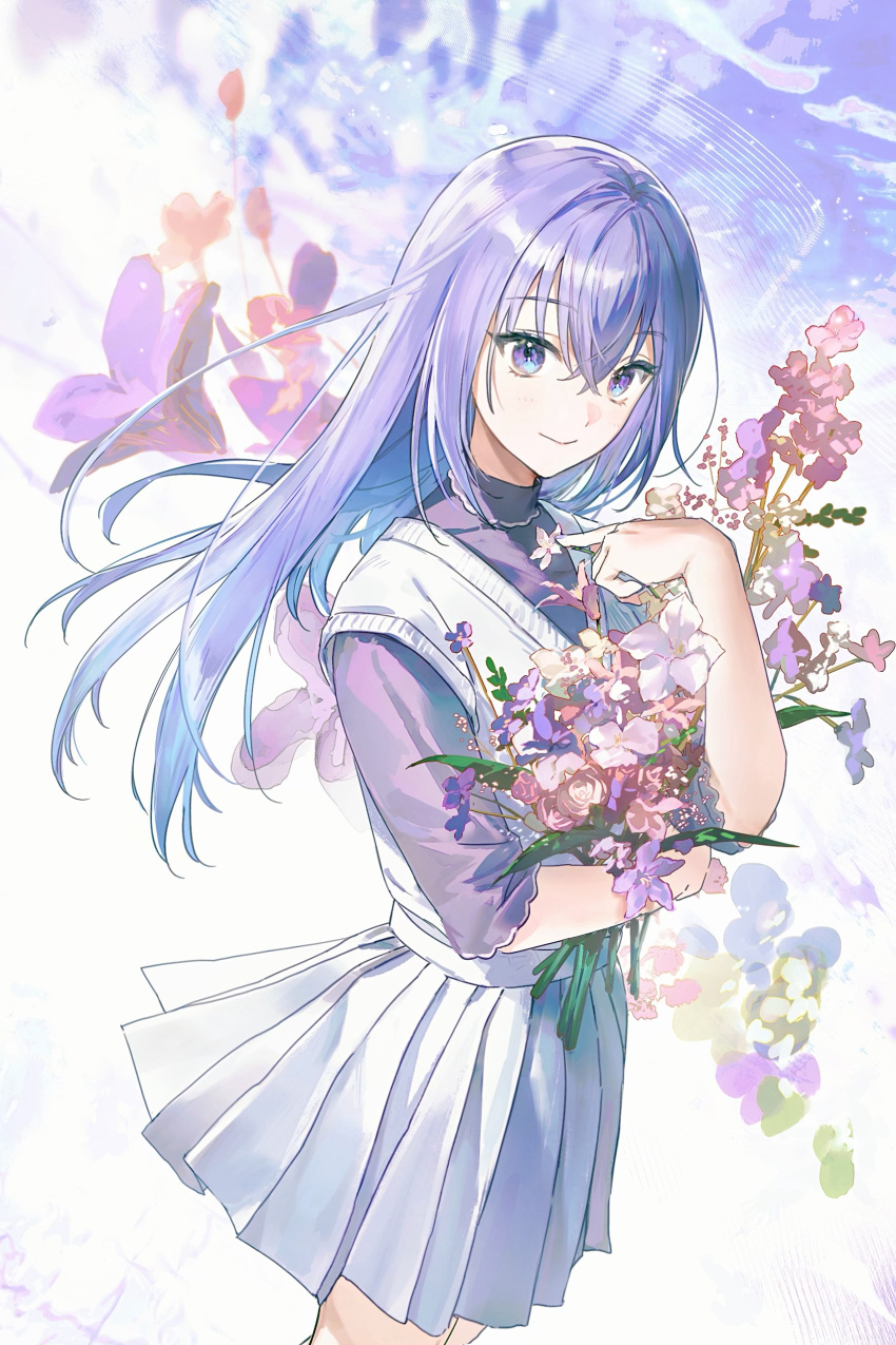 1girl, absurdres, blue_eyes, blue_hair, bouquet, closed_mouth, commentary, crossed_bangs