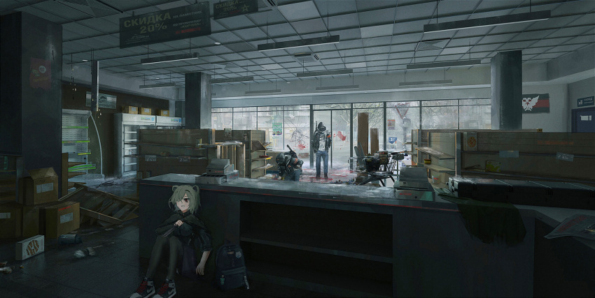 1girl, 2boys, abandoned, absinthe_(arknights), arknights, backpack, bag, broken_window