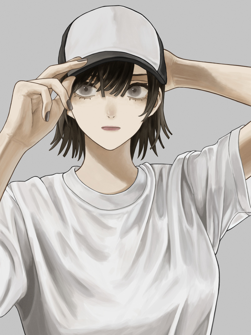 1girl, absurdres, adjusting_clothes, adjusting_headwear, asada_asahi, black_hair, black_hat, breasts