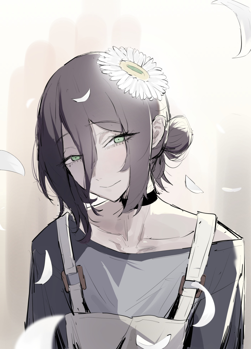 1girl, absurdres, black_choker, black_hair, blush, chainsaw_man, choker, collarbone, double-parted_bangs, falling_petals, flower, hair_between_eyes, hair_bun, hair_flower, hair_ornament, highres, long_hair_between_eyes, looking_at_viewer, petals, raglan_sleeves, reze_(chainsaw_man), seoyong, shirt, single_side_bun, smile, solo, upper_body