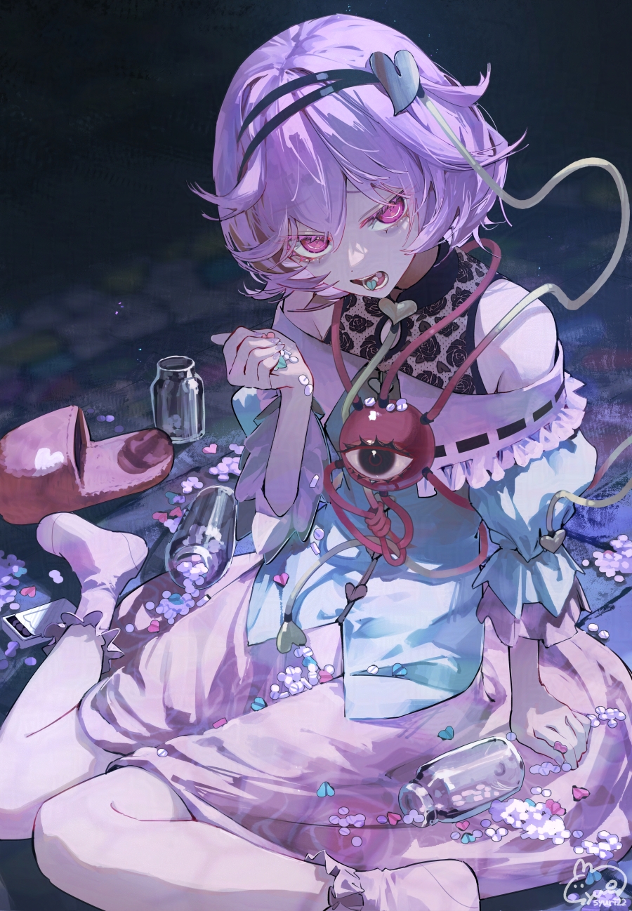 1girl, bare_shoulders, black_hairband, blue_shirt, buttons, commentary, full_body, glass_bottle, hair_ornament, hairband, heart, heart_button, heart_hair_ornament, highres, holding, holding_pill, komeiji_satori, pill, pill_in_mouth, pink_eyes, pink_hair, pink_skirt, pink_slippers, shirt, short_hair, signature, sitting, skirt, slippers, socks, solo, syuri22, third_eye, three-quarter_sleeves, too_many_pills, touhou, wariza, white_socks