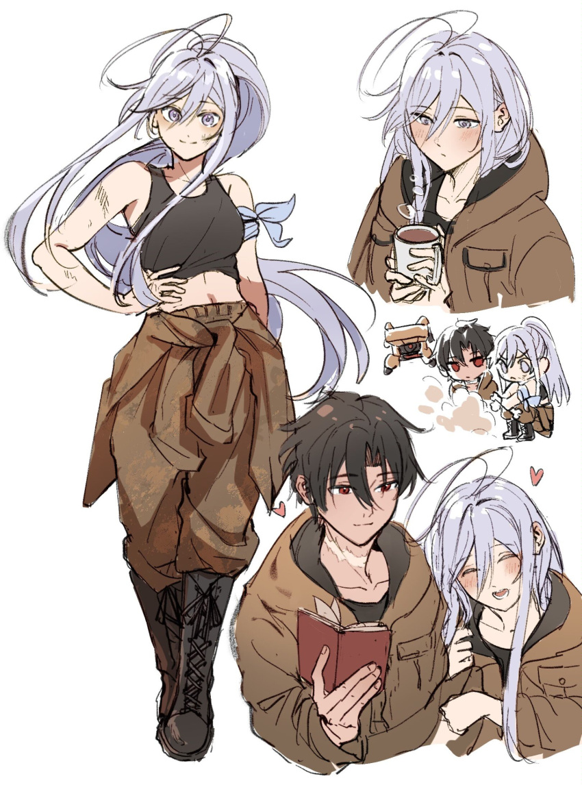 1boy, 1girl, :d, alternate_costume, alternate_universe, antenna_hair, armband, armpits, bare_shoulders, black_boots, black_hair, black_tank_top, blue_armband, blush, boots, breasts, brown_jacket, chibi, closed_mouth, clothes_around_waist, coffee, coffee_mug, cuddling, cup, fido_(86), grey_eyes, hair_between_eyes, hand_on_own_hip, happy, heart, highres, holding, holding_another's_arm, holding_notebook, holding_wrench, hot_drink, jacket, jacket_around_waist, knee_boots, lens_eye, long_hair, looking_at_another, looking_at_viewer, looking_down, looking_to_the_side, mecha, medium_breasts, mug, navel, notebook, open_mouth, ponytail, qian_chen, red_eyes, robot, scar, scar_on_neck, shinei_nouzen, short_hair, smile, smoke, tank_top, very_long_hair, vladilena_millize, white_hair, working, wrench