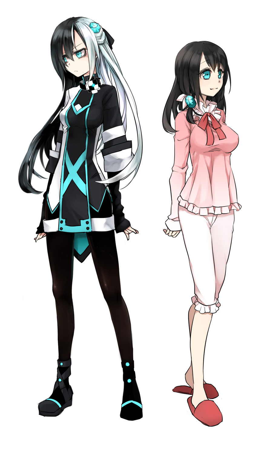 2girls, aqua_eyes, blue_eyes, breasts, capri_pants, dress, frown, hair_ornament