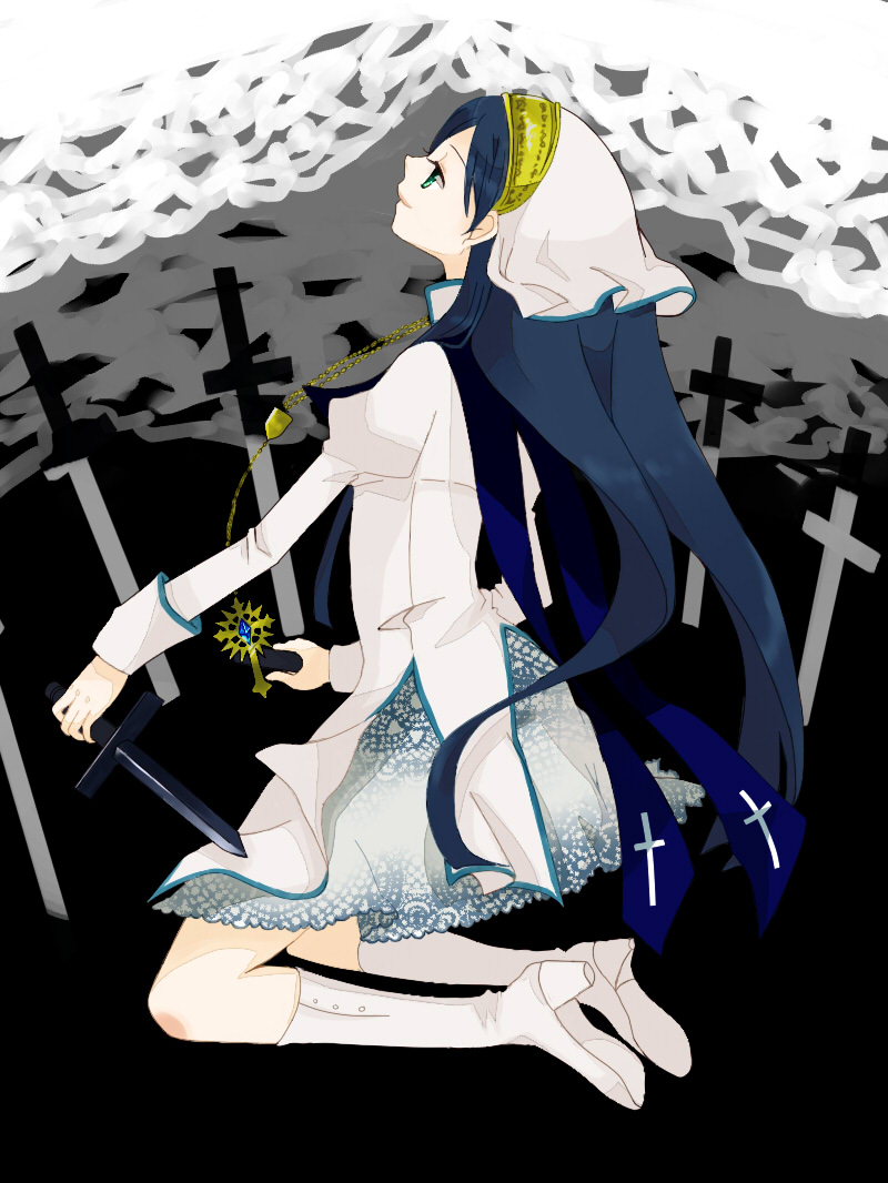 blue_hair, elsa_maria_(madoka_magica), knife, kuniko_(kunicotta), long_hair, mahou_shoujo_madoka_magica, nun, personification, solo