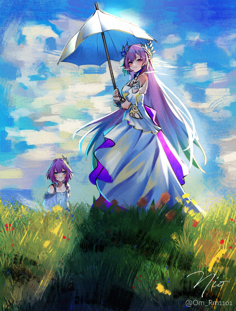 2girls, bare_shoulders, blue_eyes, blue_sky, cyrene_(aedes_elysiae)_(honkai:_star_rail), cyrene_(honkai:_star_rail), cyrene_(ripples_of_past_reverie)_(honkai:_star_rail), dress