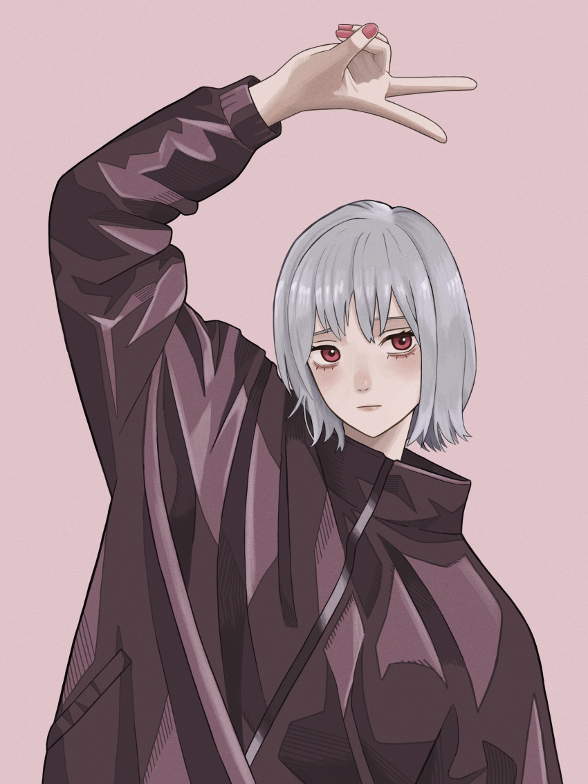 1girl, absurdres, arm_up, asada_asahi, blush, brown_jacket, closed_mouth, commentary