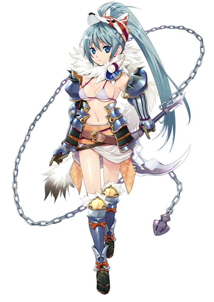 aqua_hair, armor, belt, beltskirt, bikini_armor, blue_eyes, breasts, chain