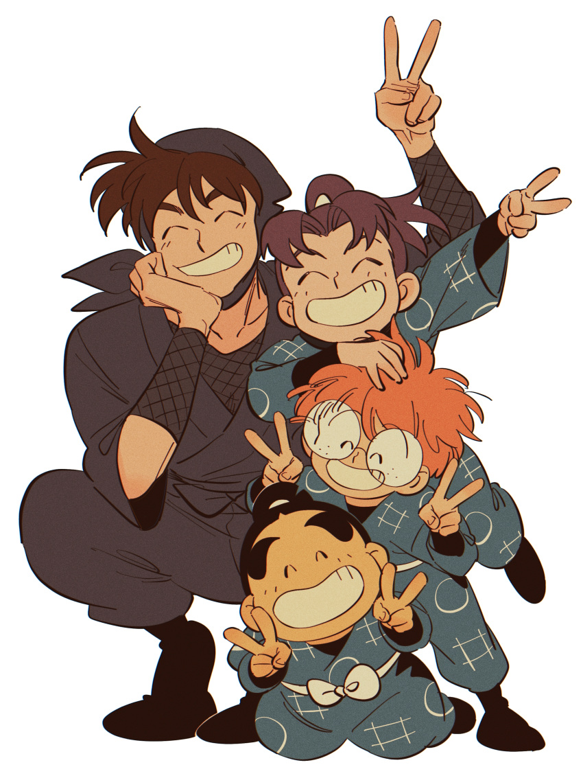 4boys, :d, ^_^, absurdres, age_difference, arm_up, black_hair, black_shoes