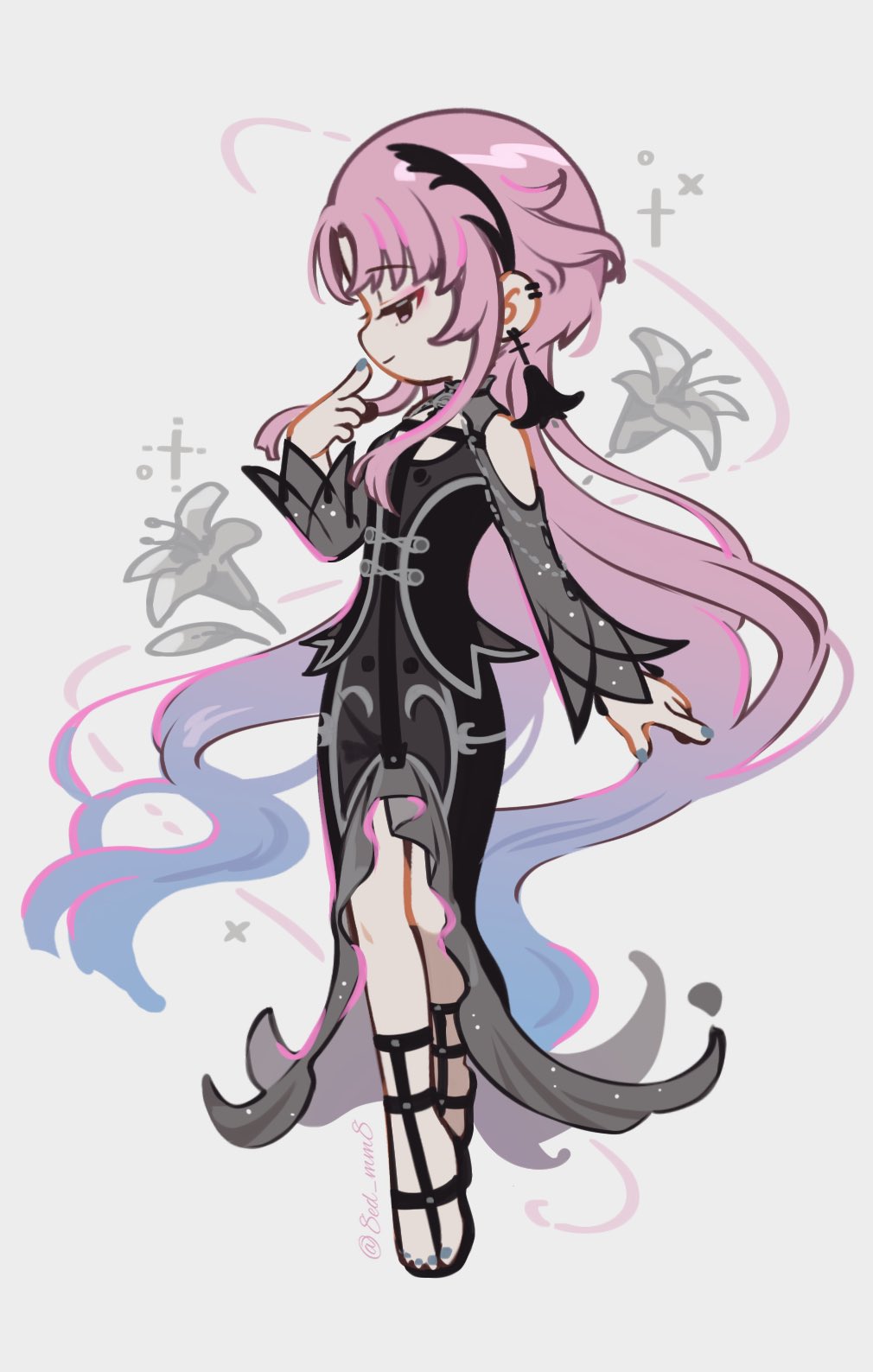 1girl, bema_(sinsekai), black_dress, black_sandals, closed_mouth, deformed, dress, earrings