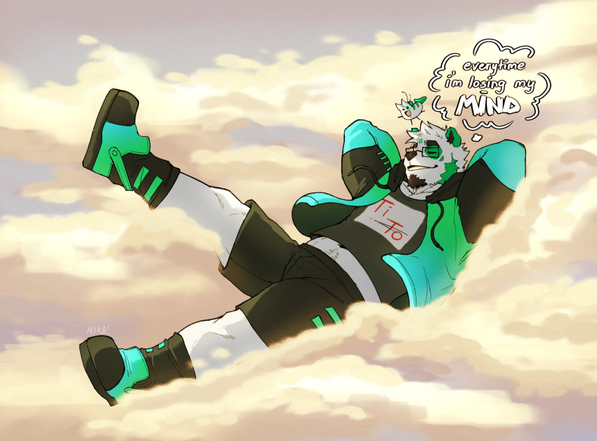 1boy, arms_behind_head, black_shorts, closed_eyes, clouds, english_commentary, english_text, filipino_text