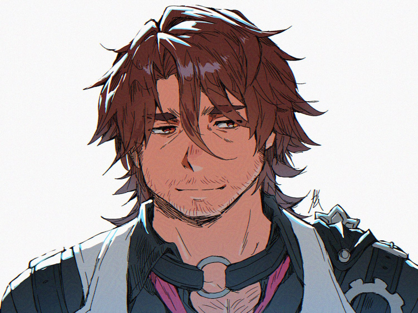 1boy, beard_stubble, black_shirt, brown_hair, closed_mouth, english_commentary, facial_hair, gallagher_(honkai:_star_rail)