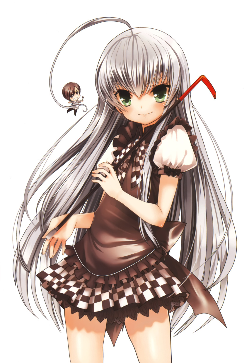ahoge, blush, brown_hair, checkered, chibi, crowbar, green_eyes, grin