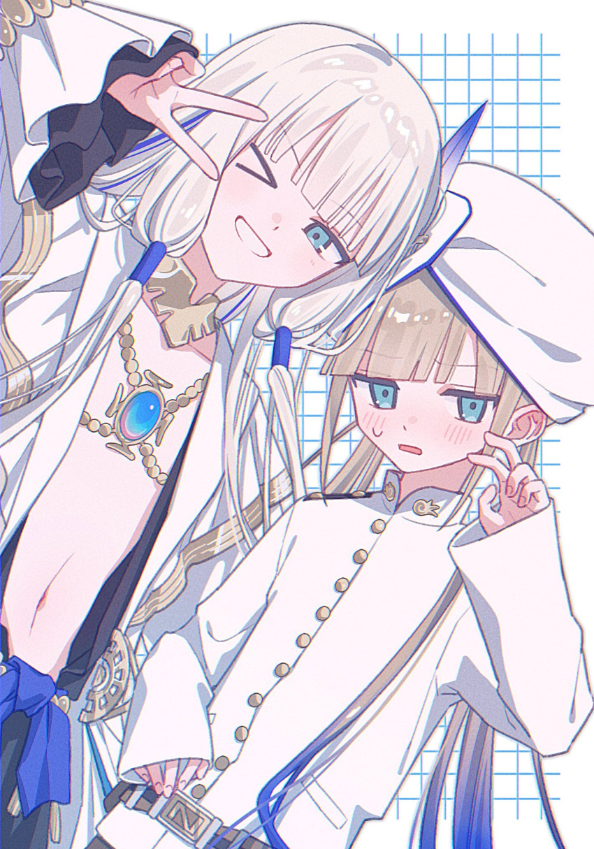 2boys, androgynous, blonde_hair, blue_eyes, blue_hair, blush, captain_nemo_(fate), fate/grand_order