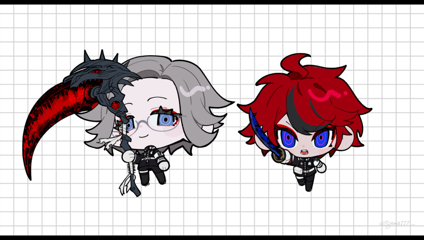 2boys, ahoge, aotsuki_eito, armband, black_jacket, black_pants, blue_eyes, chibi