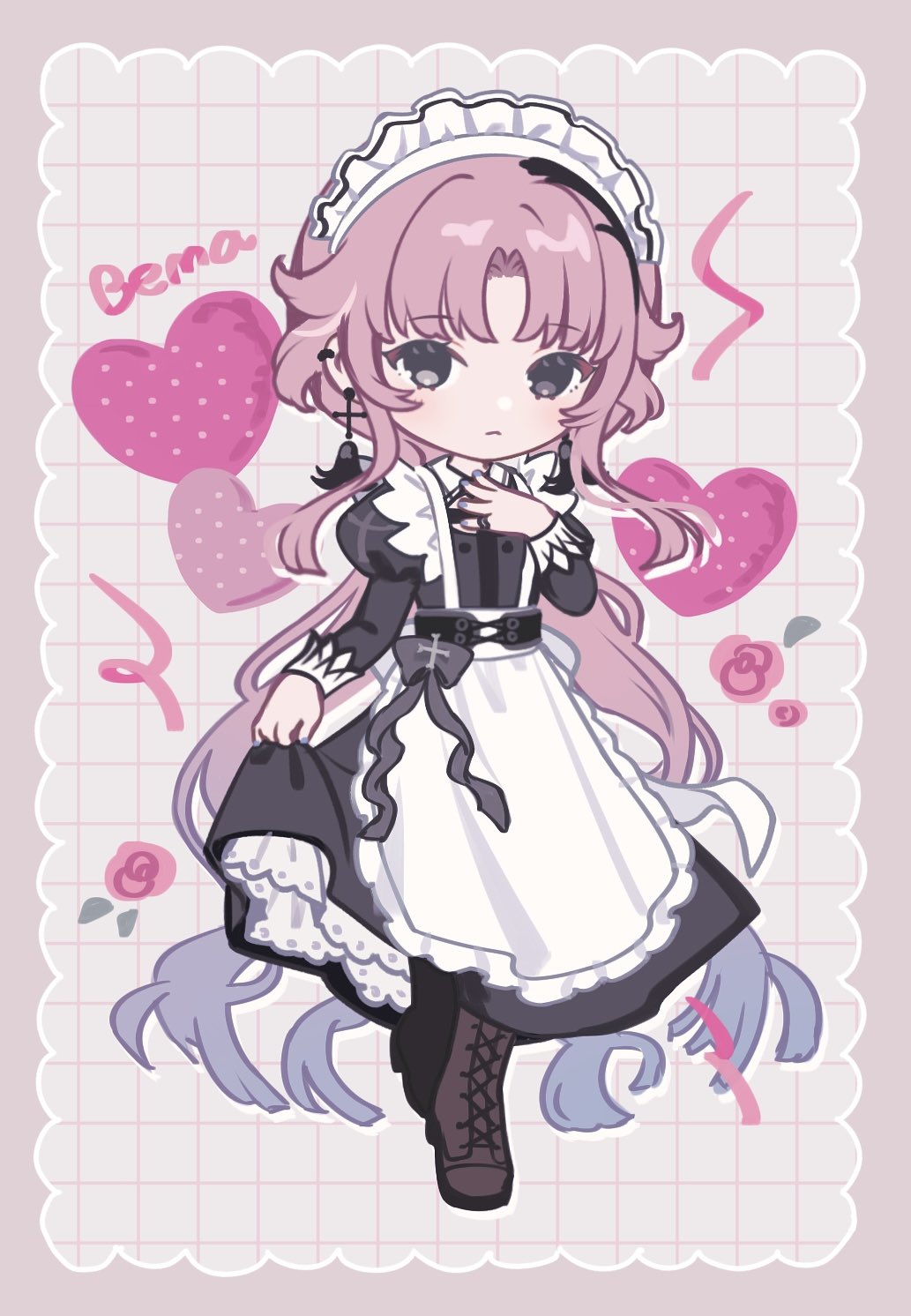 1girl, apron, bema_(sinsekai), black_dress, boots, border, brown_boots, character_name