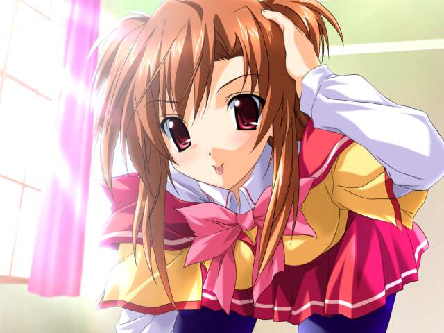 1girl, :p, angels_blue, blue_pantyhose, breasts, brown_hair, curtains, female, hand_on_own_head, honma_mutsuki, houjou_miki, large_breasts, long_sleeves, looking_at_viewer, lowres, medium_hair, non-web_source, pantyhose, pink_curtains, pink_ribbon, pink_skirt, red_eyes, ribbon, school_uniform, skirt, tongue, tongue_out, white_sleeves, window