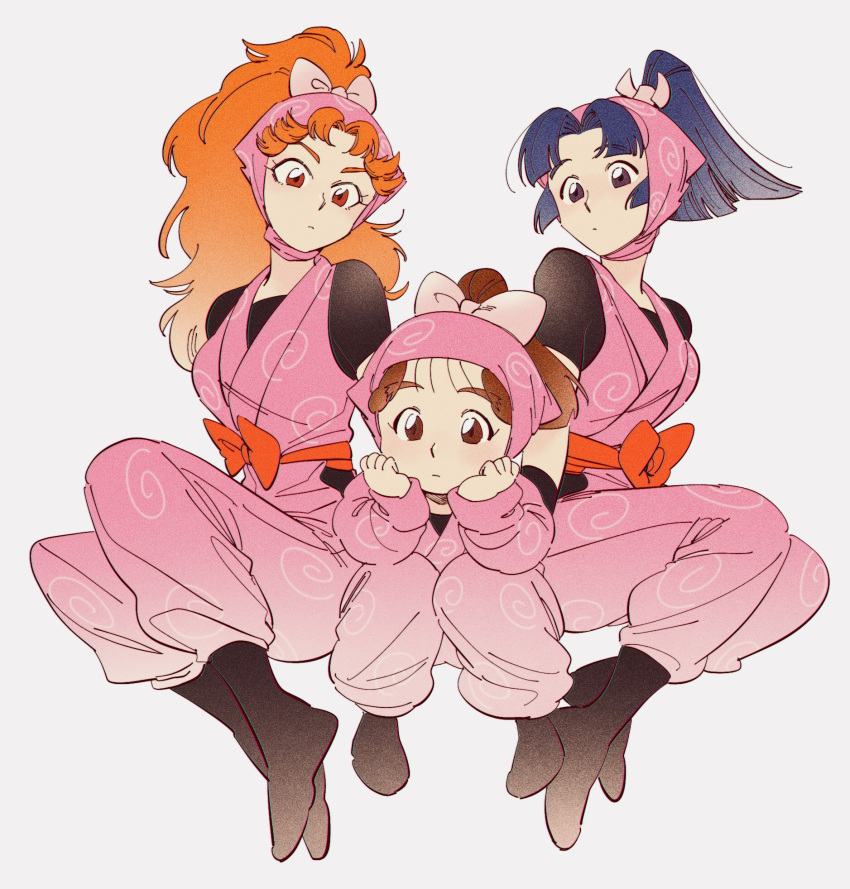 3girls, black_boots, black_shirt, blue_hair, blunt_ends, boots, bow, breasts