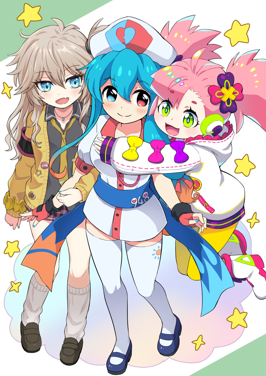 3girls, absurdres, ahoge, amehare_hau, black_shirt, blue_eyes, blue_hair, blush