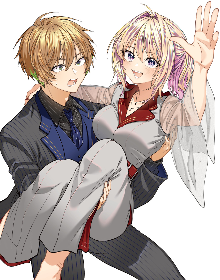 1boy, 1girl, absurdres, blonde_hair, blush, bukiyou_na_senpai, green_eyes, highres