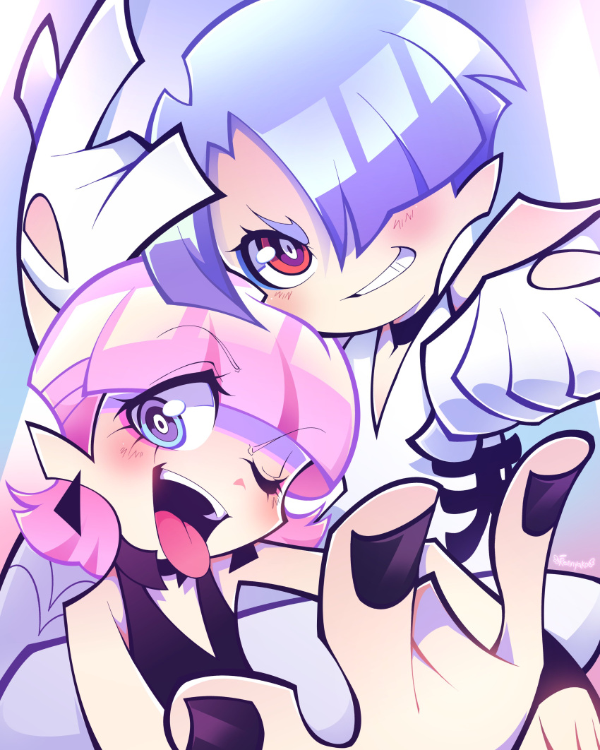 2boys, \m/, absurdres, arm_on_another's_leg, bare_shoulders, black_bodysuit, black_nails, blue_eyes