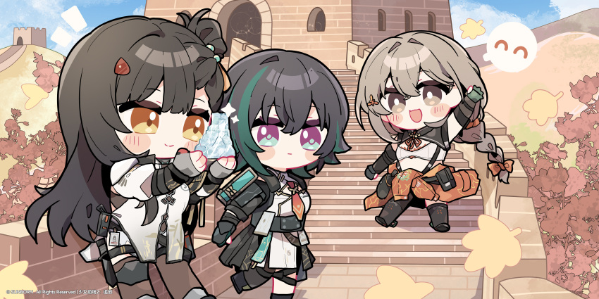 3girls, absurdres, black_hair, black_socks, blush, brown_hair, girls'_frontline_2:_exilium, girls_frontline