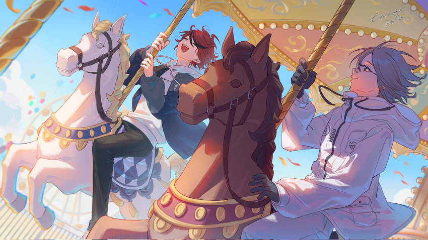 2boys, :d, ahoge, amusement_park, aotsuki_eito, balloon, black_gloves, black_pants