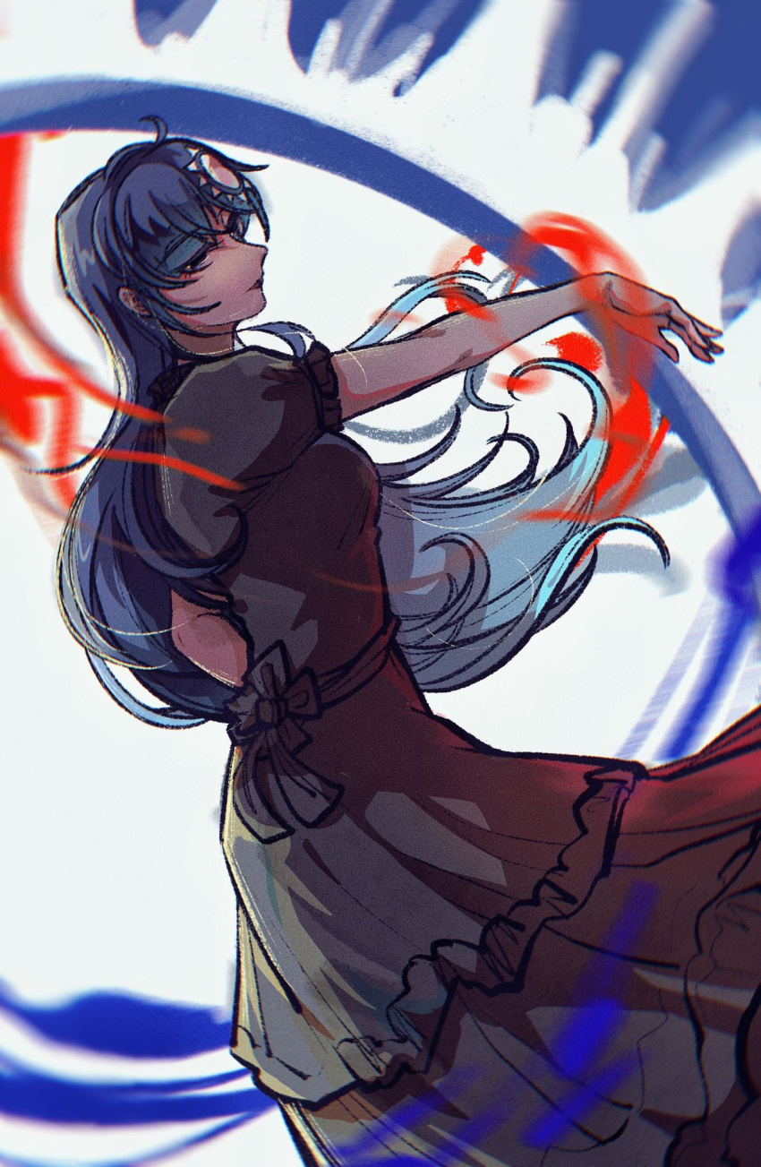 1girl, ahoge, blue_eyes, blue_hair, dress, floating_hair, frilled_sleeves, frills