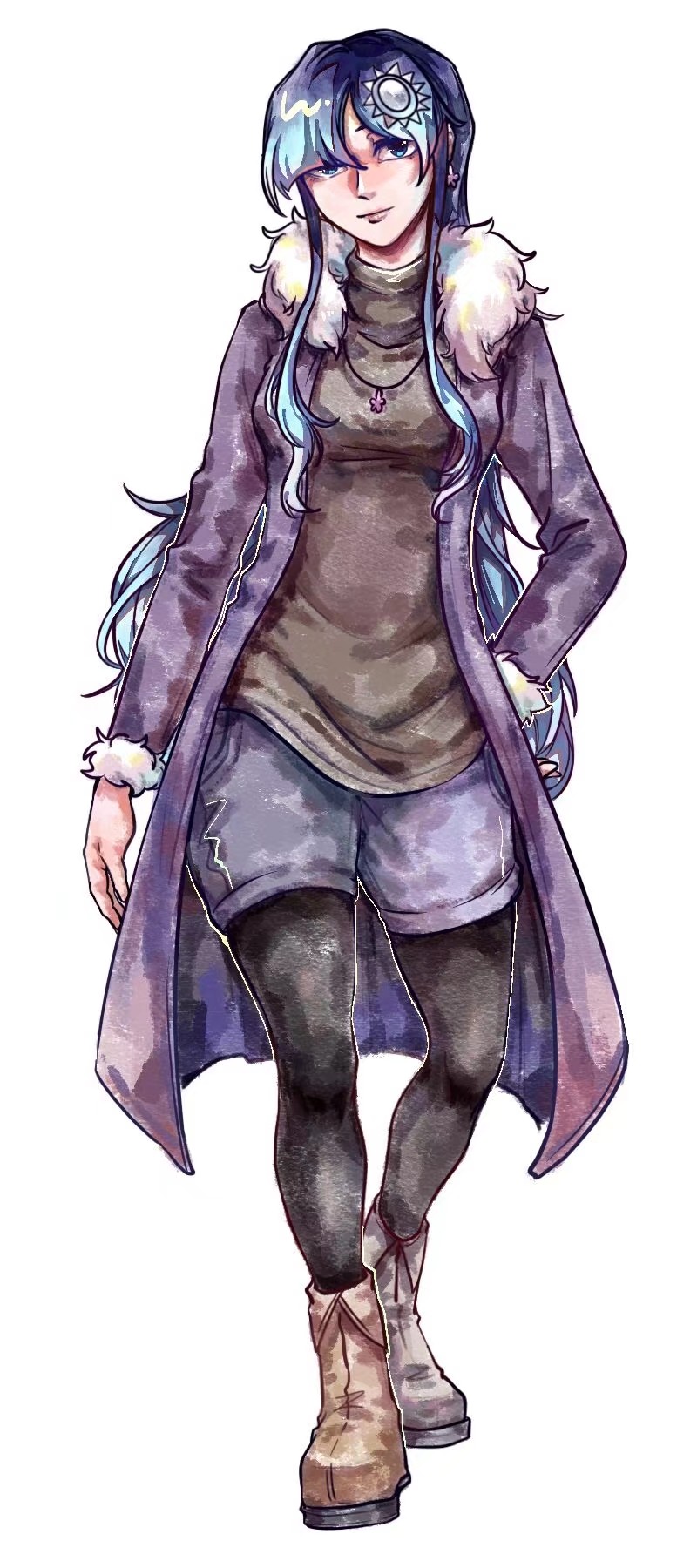 1girl, black_pantyhose, blue_eyes, blue_hair, blue_shorts, boots, breasts, brown_boots