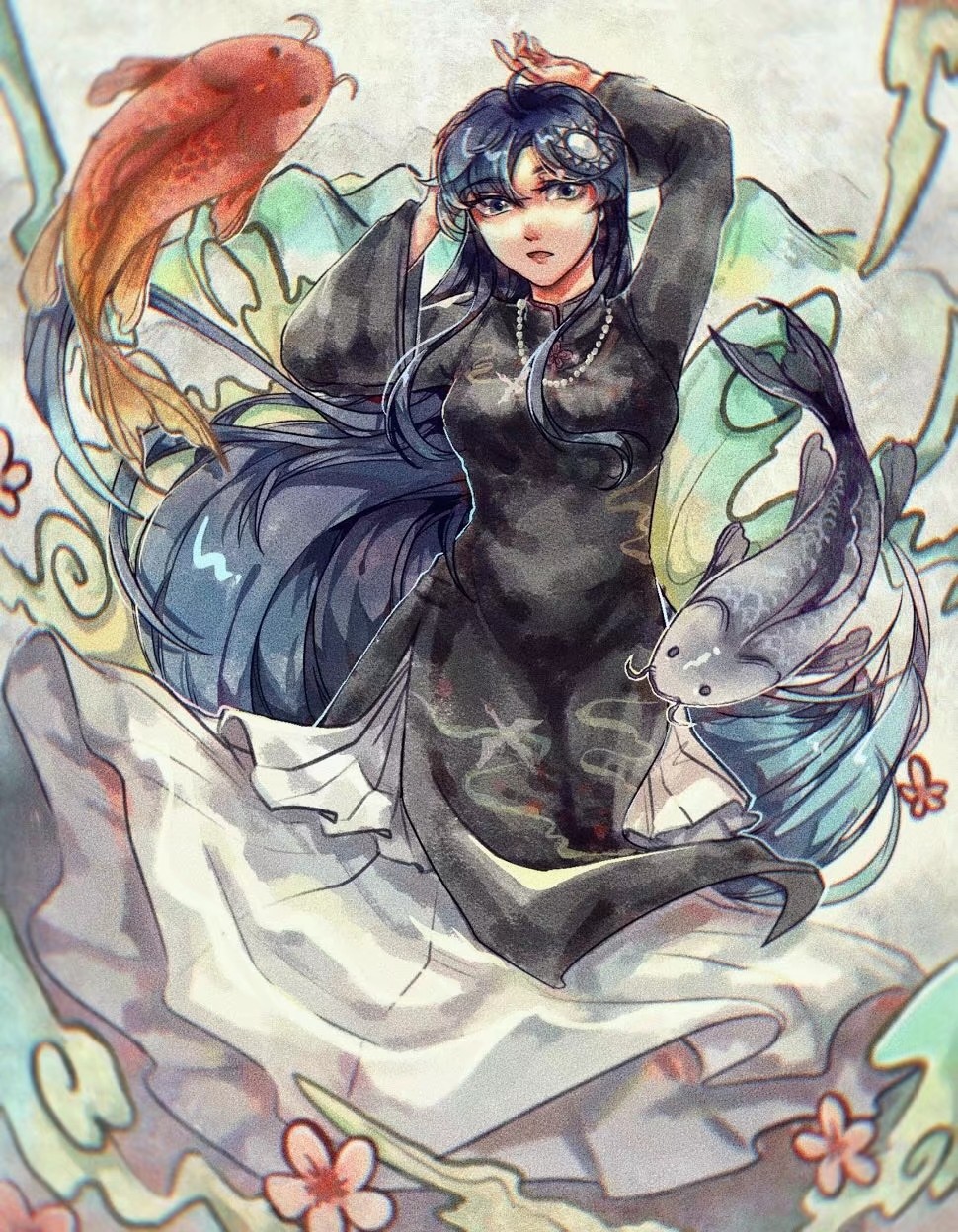 !, 1girl, ahoge, arms_up, black_dress, blue_eyes, blue_hair, breasts