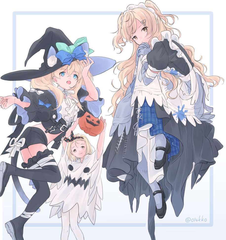3girls, animal_ear_fluff, animal_ears, apron, bandages, black_dress, black_hat, black_shoes