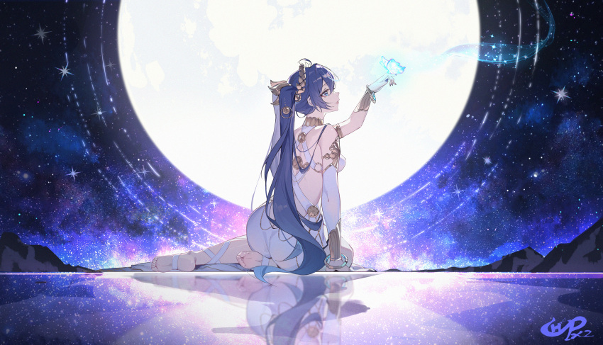 1girl, absurdres, ancient_greek_clothes, arm_up, ass, bare_shoulders, barefoot, blue_butterfly