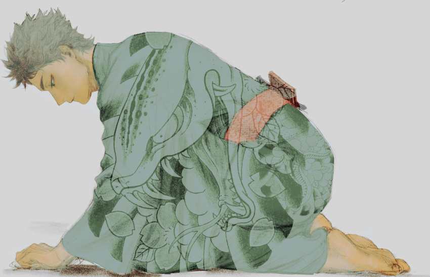 1boy, akaashi_keiji, barefoot, brown_hair, closed_mouth, commentary_request, feet, from_side