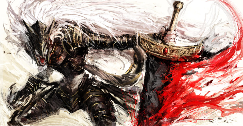 1boy, armor, black_armor, blood, breastplate, elden_ring, faulds, floating_hair