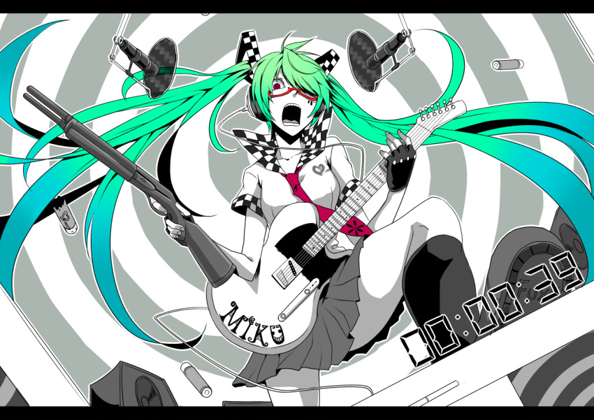 akemi_homura, aqua_hair, checkered, fingerless_gloves, glasses, gloves, gradient_hair, green_hair