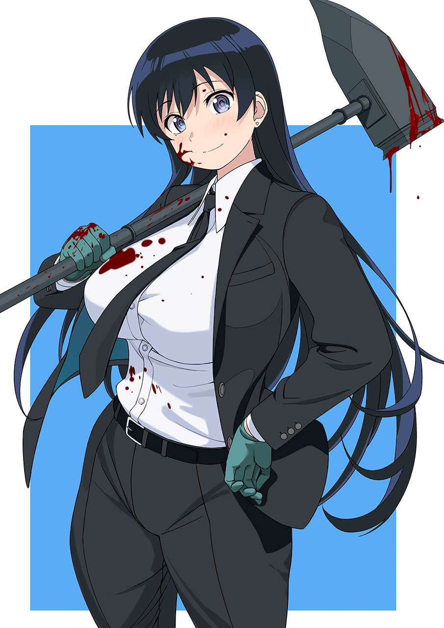 1girl, a1_(initial-g), arato_nagi, belt, black_hair, black_necktie, black_pants, blood