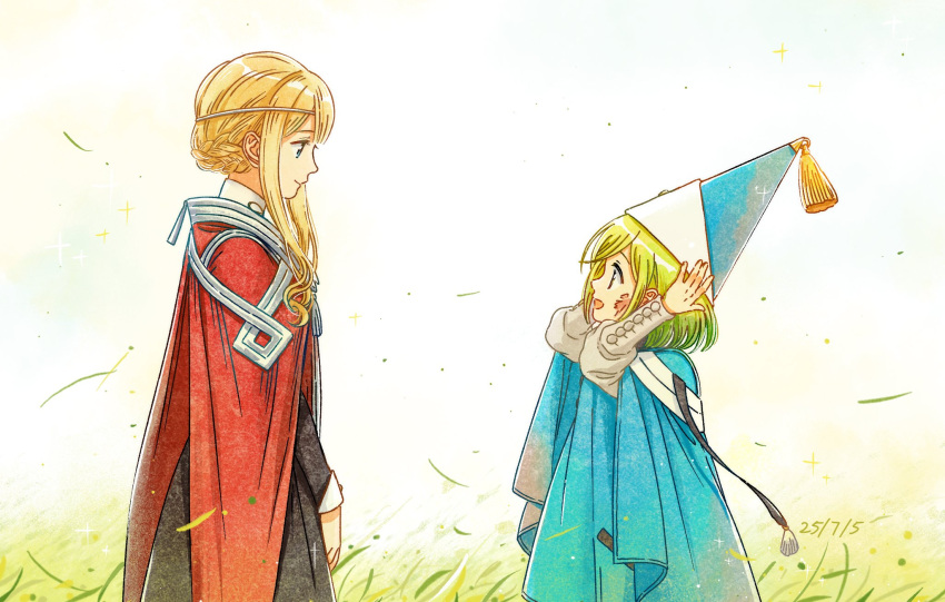 2girls, age_difference, blonde_hair, blue_eyes, brown_eyes, cloak, coco_(tongari_boushi_no_atelier), green_hair